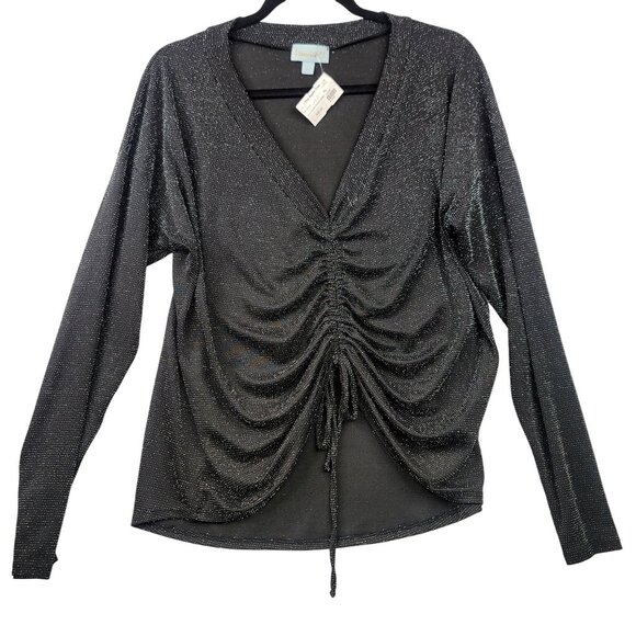 Veronica M. Tops - Veronica M V-Neck Cinched Front Sweater With Metallic Shimmer Black XL